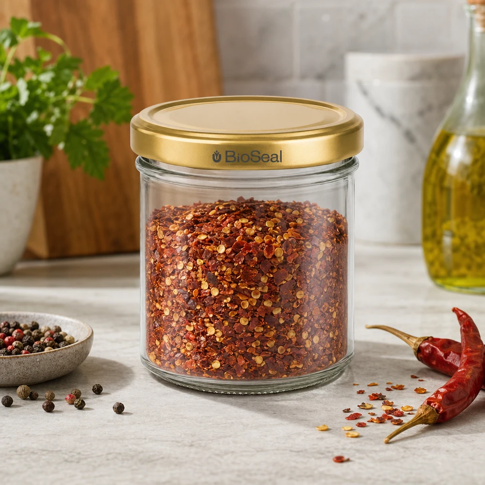 Pot à miel 200 g avec couvercle doré BioSeal UNiTWIST BioSeal pot à épices 200g rempli de flocons de chili couvercle doré Scène de cuisine avec grains de poivre et chili