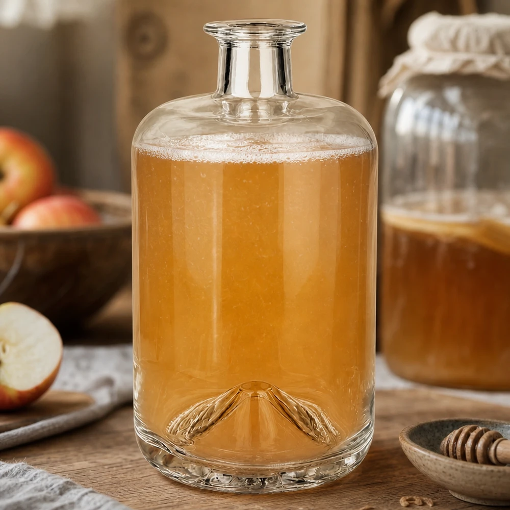 Flacon à pharmacie « Sofia » 700 ml sans bouchon UNiTWIST® Bouteille en verre de 700ml Sofia remplie de jus de pomme entourée de pommes fraîches et de miel scène de cuisine rustique