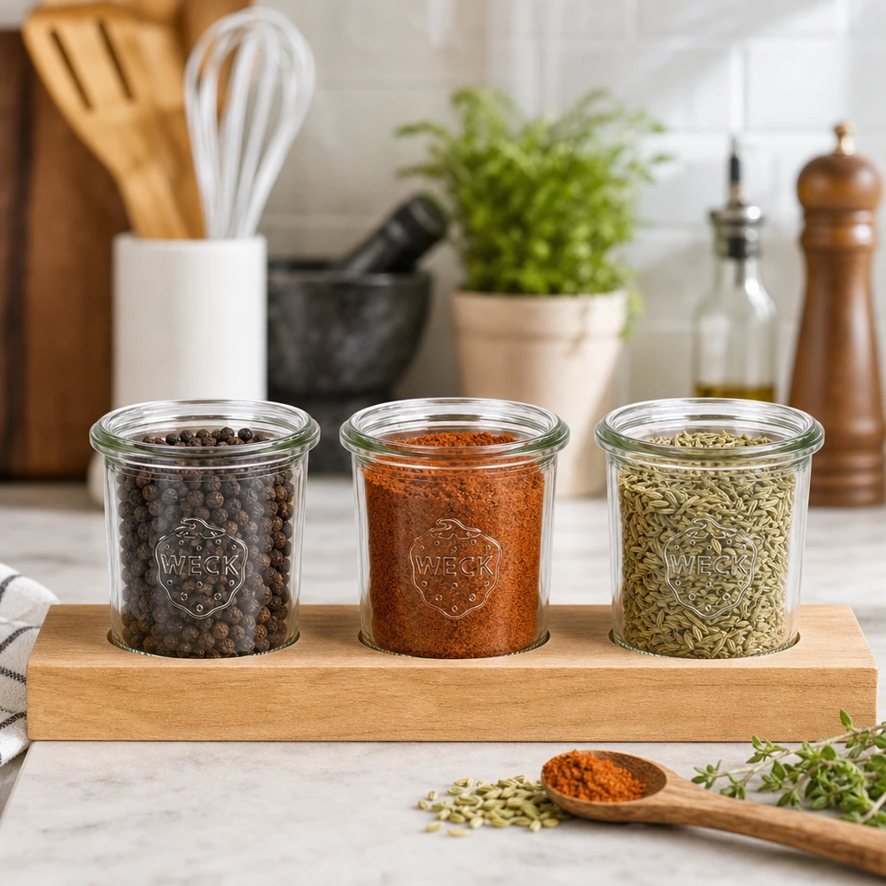 Épices en pots renversés WECK 140ml sur planche de service Plano3 grains de poivre paprika graines de fenouil organisation de la cuisine
