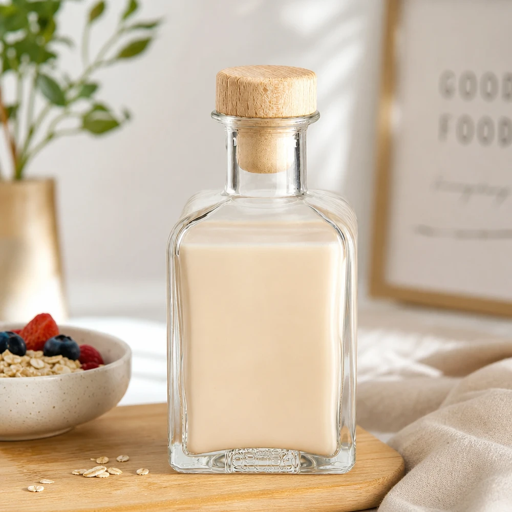 Bouteille en verre Clara de 200 ml remplie de lait d'avoine Bouchon en bois Bol de céréales Baies Oats alimentation saine Petit déjeuner