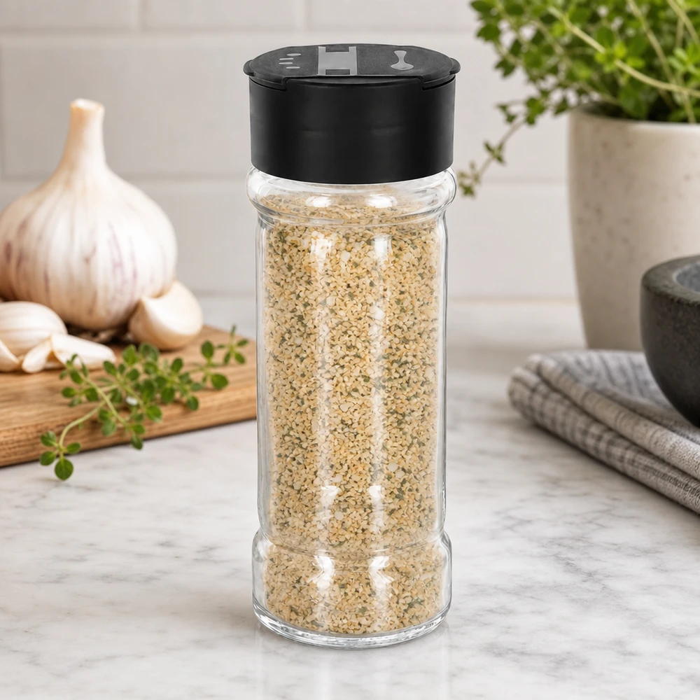 Pot à sel/épices 100 ml avec double saupoudreuse, noir Pot à épices rempli de sésame, 100 ml, avec couvercle à double saupoudreuse noir, posé sur un socle en marbre