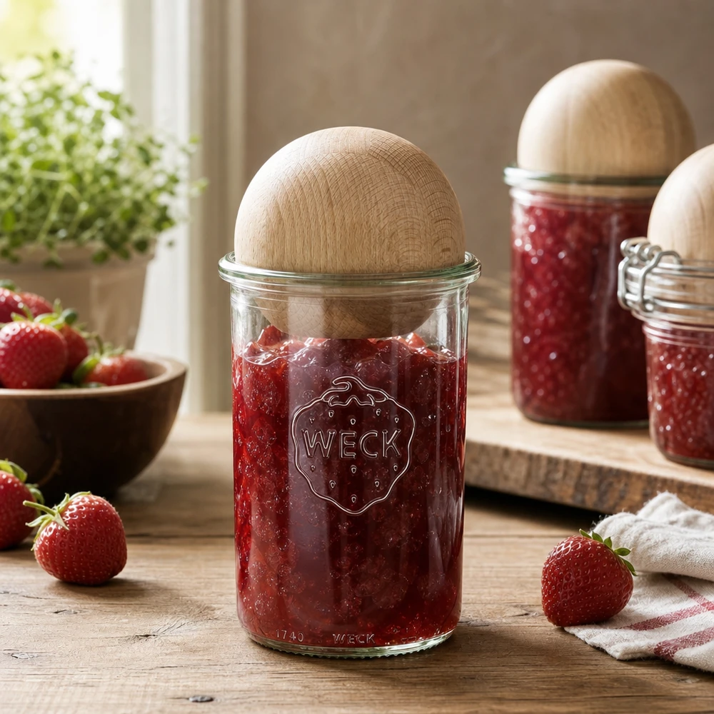 1000ml bocal conique WECK RR100 avec boule en bois en hêtre WECK Pot de conservation 1000ml rempli de confiture de fraises et couvercle en boule de bois dans une cuisine rustique avec des fraises fraîches