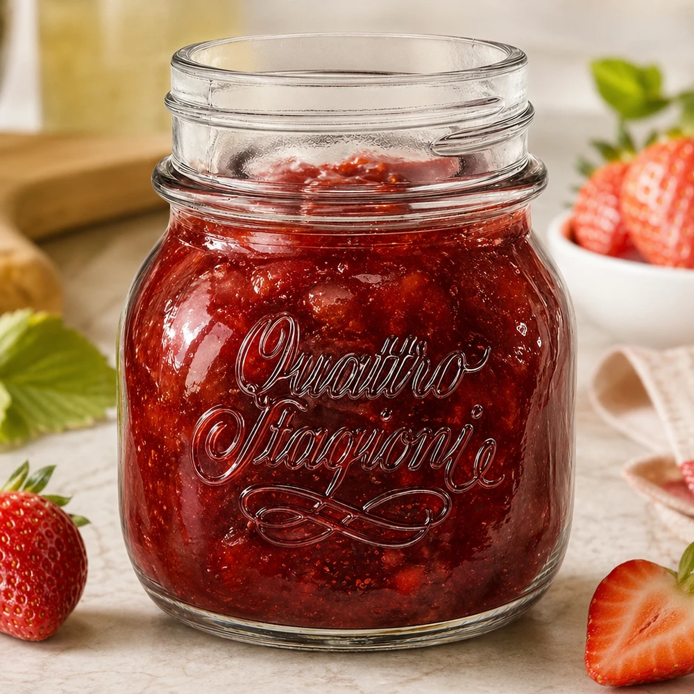 150ml verre rond "Quattro Stagioni" QS56mm Pot ménager Quattro Stagioni 150ml rempli de confiture de fraises rouges à côté de fraises fraîches sur une table en bois