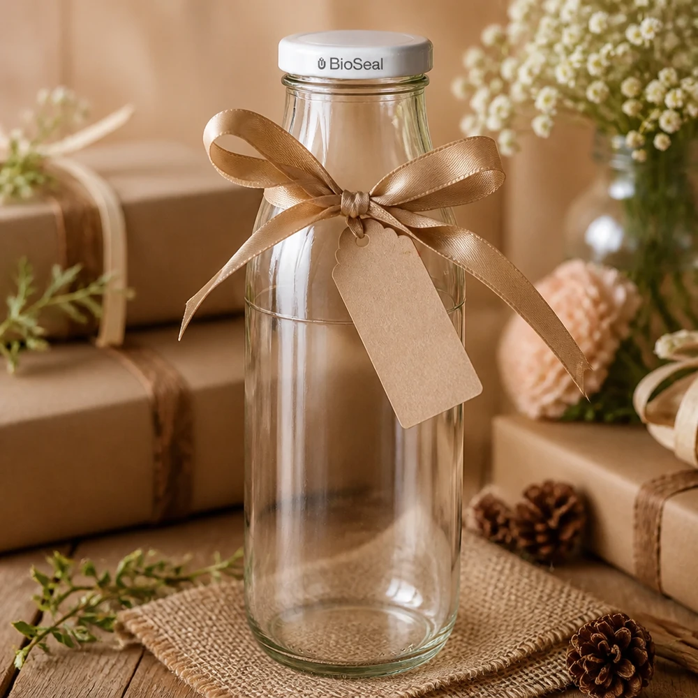 Bouteille en verre vide de 500ml emballée comme cadeau avec un ruban brun et un pendentif, couvercle BioSeal blanc