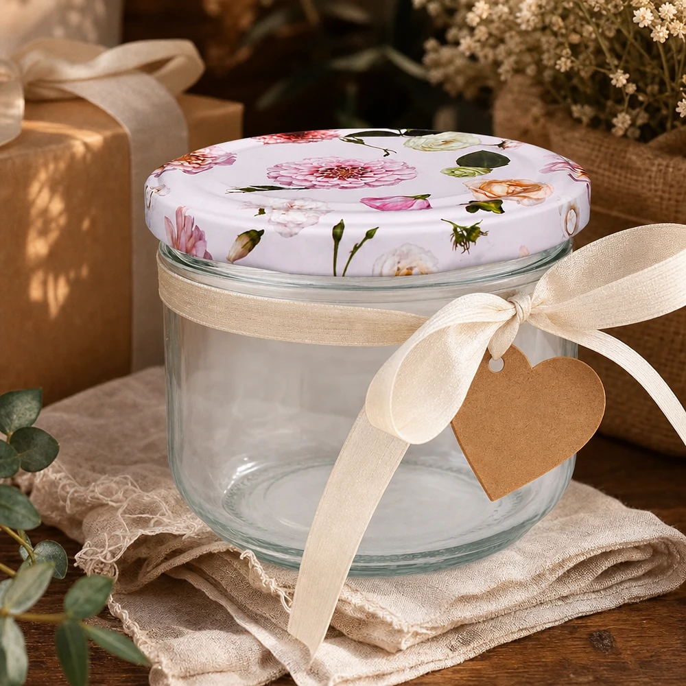Verres de 260 ml + couvercle BasicSeal fleur rose UNiTWIST Sturzglas 260ml mit rosa Blumendeckel als Geschenkverpackung - dekoratives Einmachglas mit Schleife und Herzanhänger