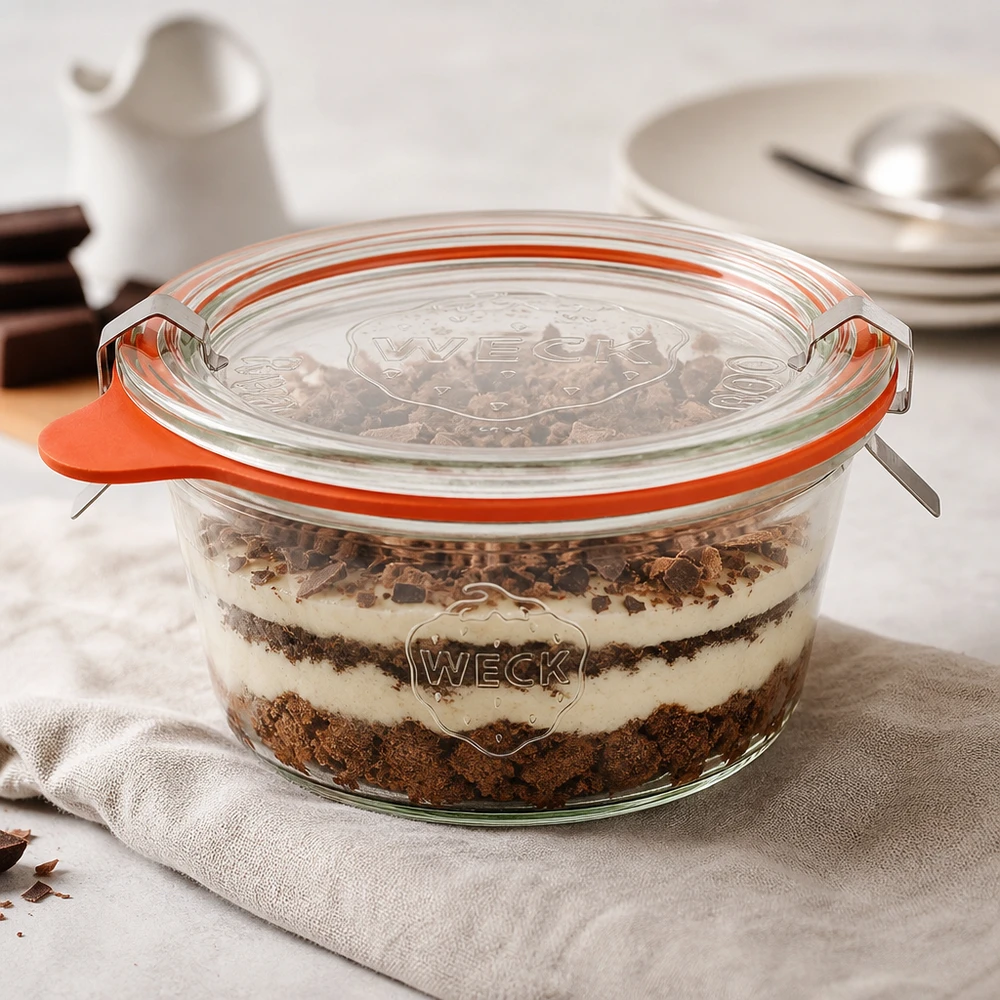290ml bocal conique faible complet WECK RR80 WECK Verre renversé 290ml RR100 rempli de dessert stratifié Tiramisu montre une utilisation polyvalente comme verre à dessert