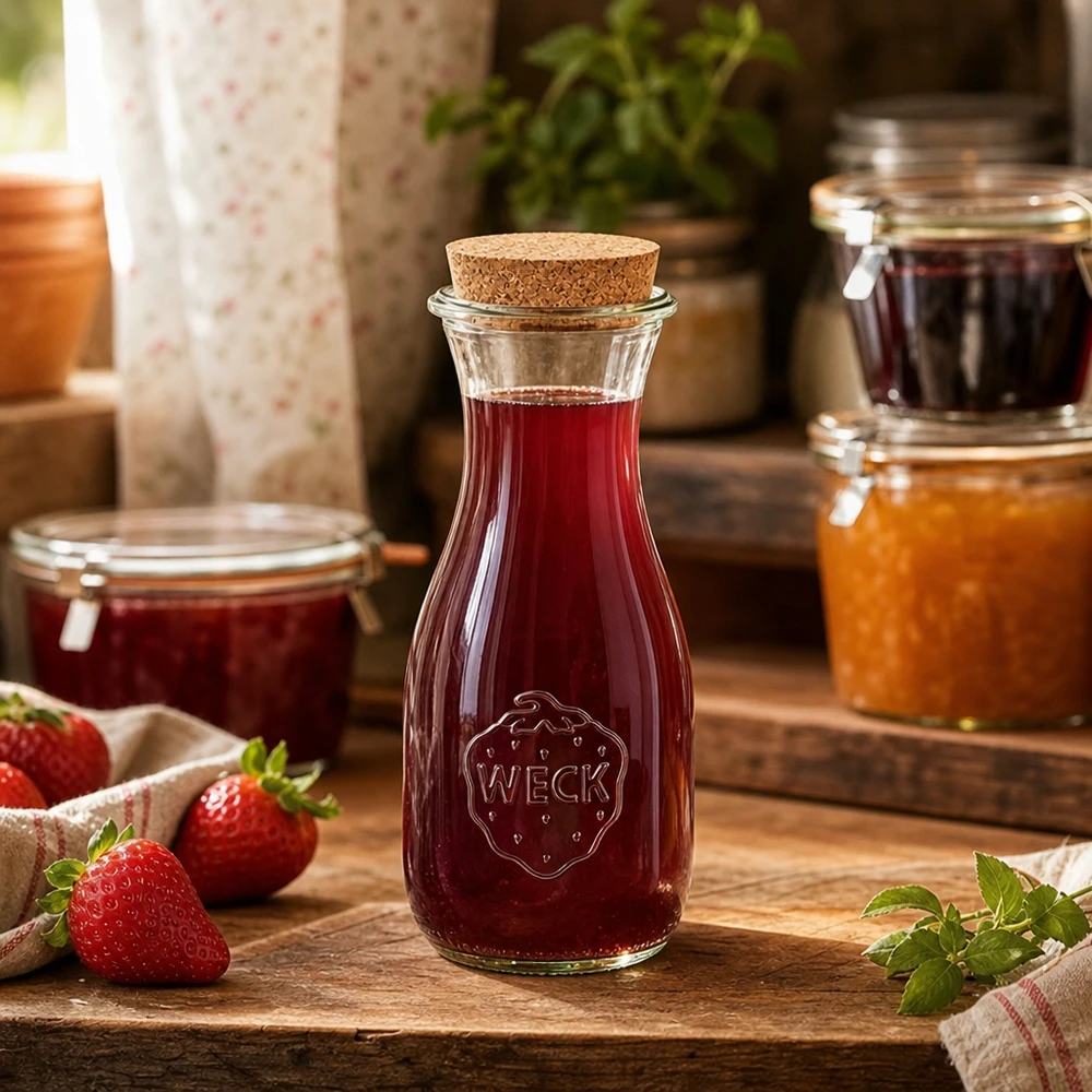 530ml Bouteille à jus de fruits WECK RR60 avec bouchon nature WECK Bouteille de jus 530ml remplie de jus rouge sur une table en bois à côté de pots de confiture et de fraises fraîches Cuisine