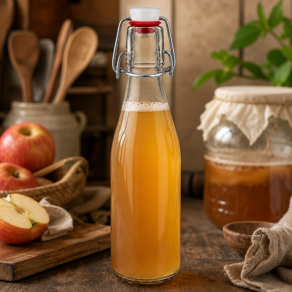 Bouteille en verre de 250ml avec fermeture à étrier remplie de jus de pomme, tranches de pomme et pot de confiture en arrière-plan