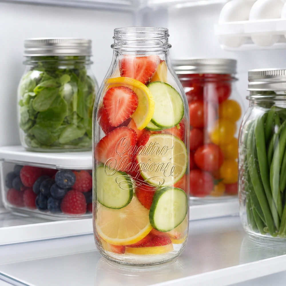 1000ml Bouteille en verre "Quattro Stagioni" QS56mm Quattro Stagioni 1000ml Weithalsflasche mit Obst und Gemüse im Kühlschrank für Infused Water und Meal Prep