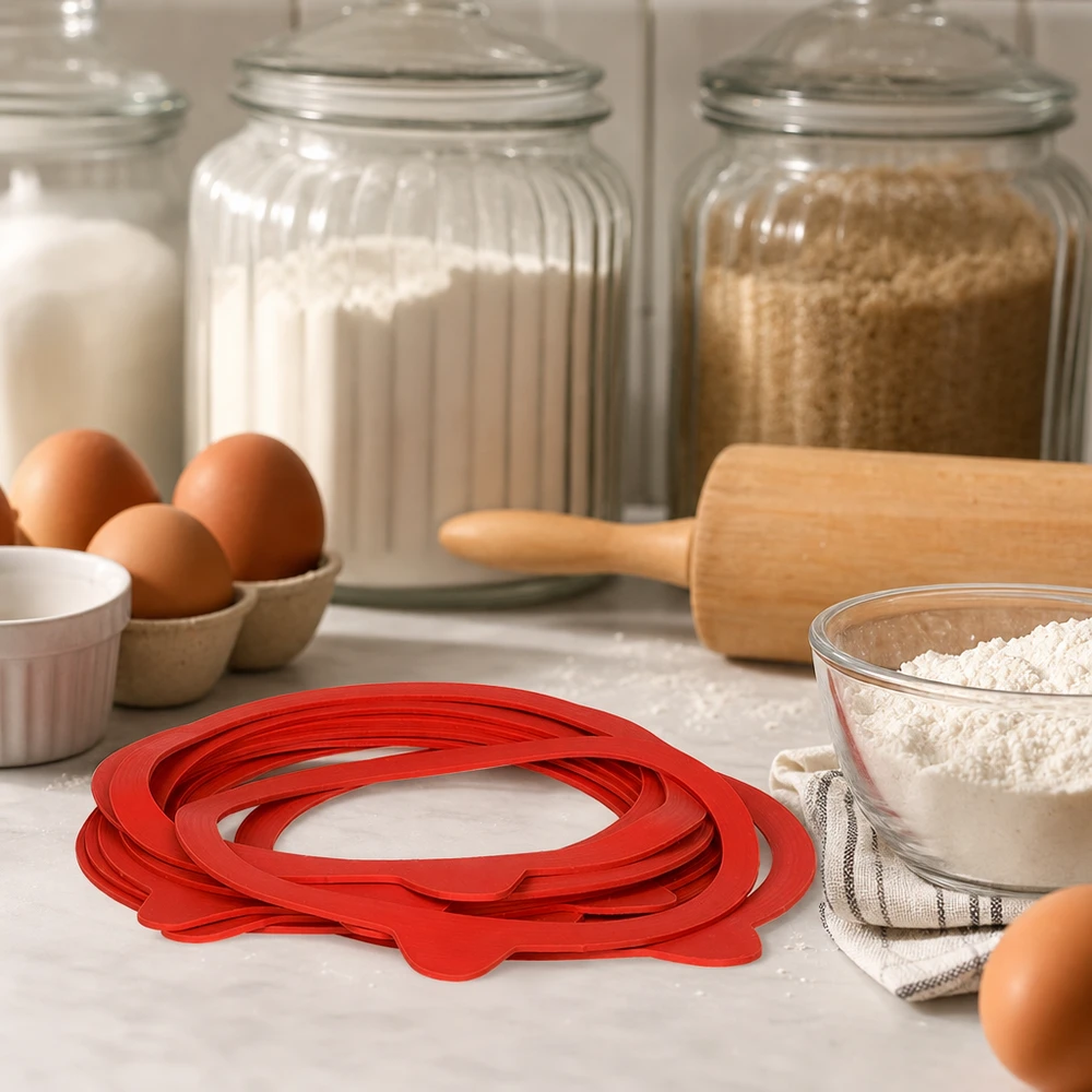 Anneaux rouges de mise en conserve RR120 en caoutchouc naturel dans la cuisine de boulangerie avec des œufs, de la farine, un rouleau à pâtisserie et des bocaux de stockage pour la mise en conserve