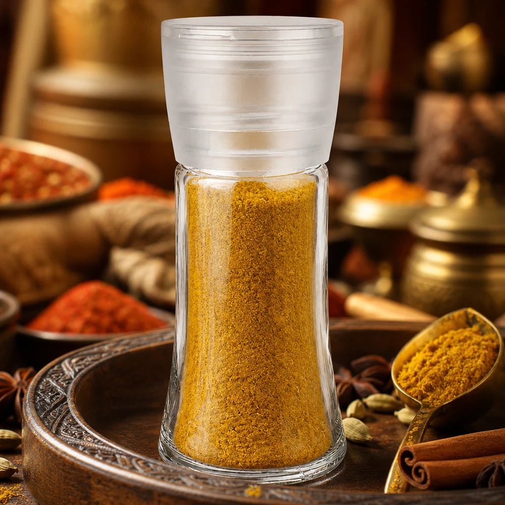Pot à épices Vario de 95 ml avec moulin blanc, rempli de curry en poudre jaune, dans un décor oriental