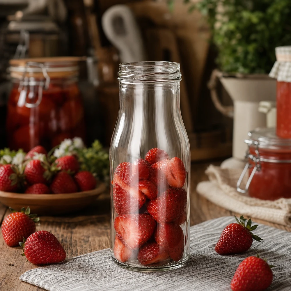 UNiTWIST Bottle150 Bouteille en verre 150ml TO43 remplie de fraises fraîches sur une table en bois rustique avec des pots de confiture