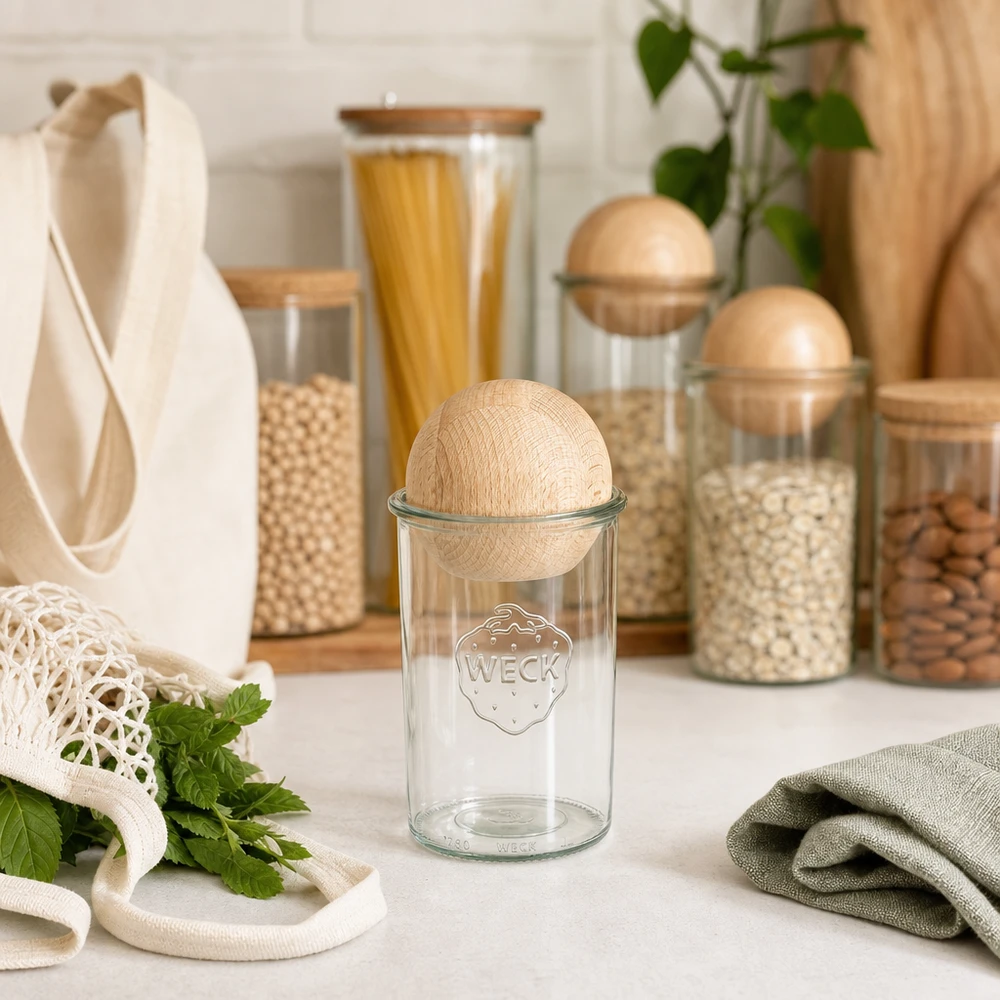 1000ml bocal conique WECK RR100 avec boule en bois en hêtre WECK Sturzglas 1000ml RR100 mit Holzkugel aus Buche in moderner Küche zwischen nachhaltigen Vorratsgläsern und Stoffbeut