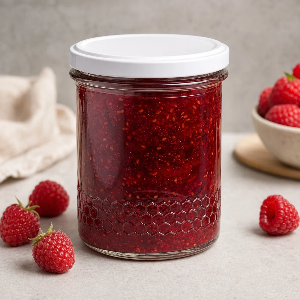 Pot à miel 560 g avec couvercle blanc BasicSeal UNiTWIST Pot à miel de 400 ml pour confiture de fraises rempli de fraises fraîches Utilisation décorative en cuisine