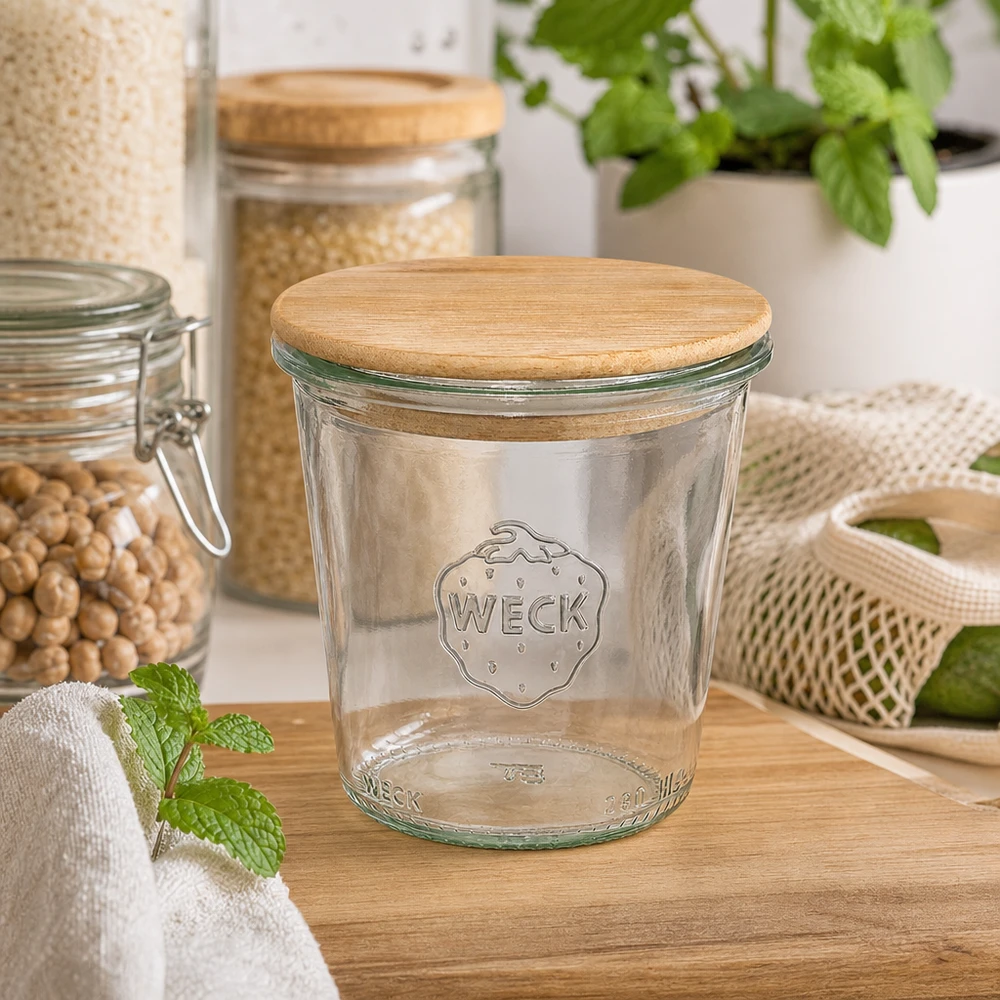 290ml bocal conique haut WECK RR80 avec couvercle en bois WECK Pot renversé 290ml RR80 avec couvercle en bois dans une cuisine durable avec bocaux à provisions herbes et matériaux naturels