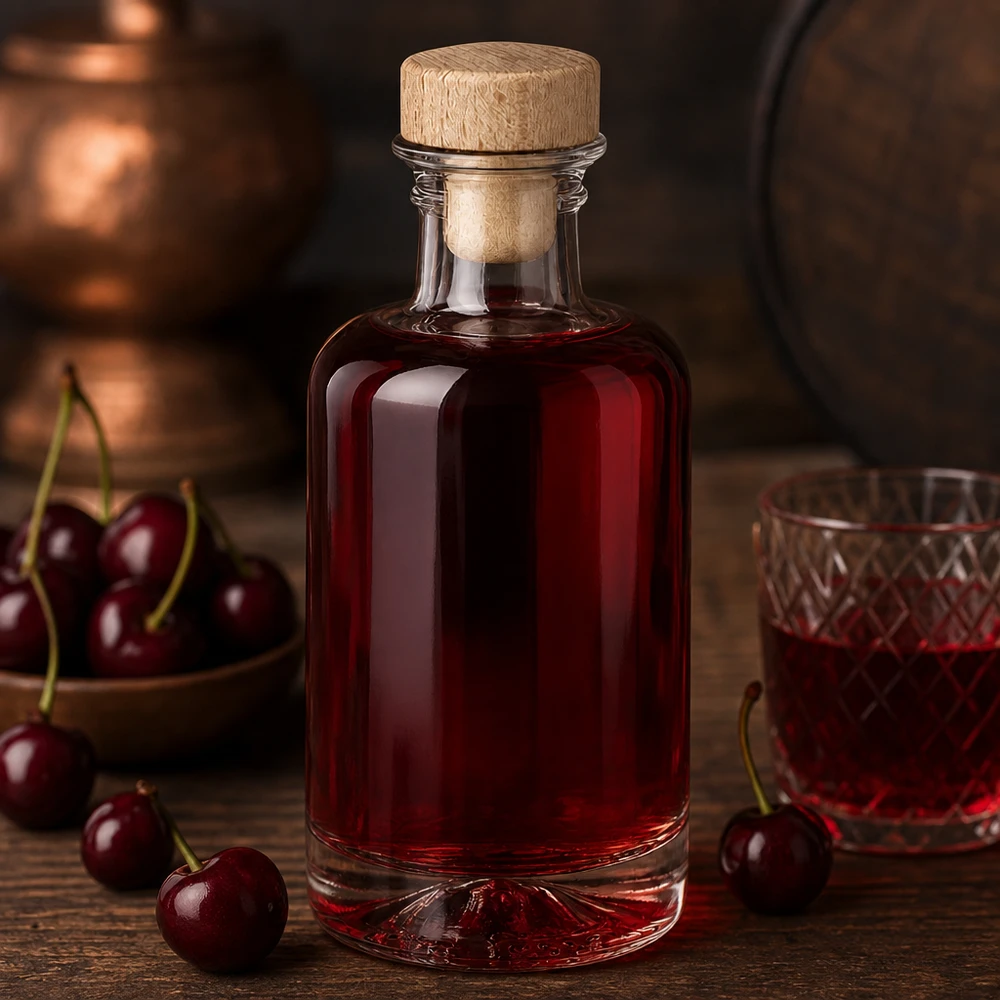 Flacon à pharmacie « Sofia » 100 ml avec bouchon en bois UNiTWIST® 100ml Glasflasche Sofia mit Holzkorken gefüllt mit rotem Kirschlikör neben frischen Kirschen rustikale Küche