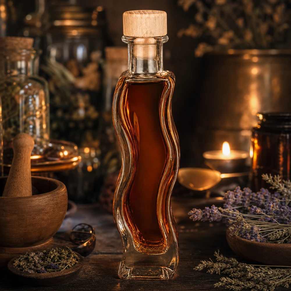 Bouteille en verre Melissa de 100 ml au contenu ambré Bouchon en bois atmosphère rustique de pharmacien Lavande Lueur des bougies