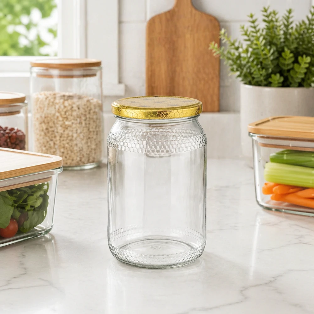 Pot à miel 1260 g avec couvercle motif rayon de miel BasicSeal UNiTWIST Pot de miel de 900 ml avec couvercle doré posé sur un plan de travail en marbre entre des bocaux à provisions dans une cuisine moderne.