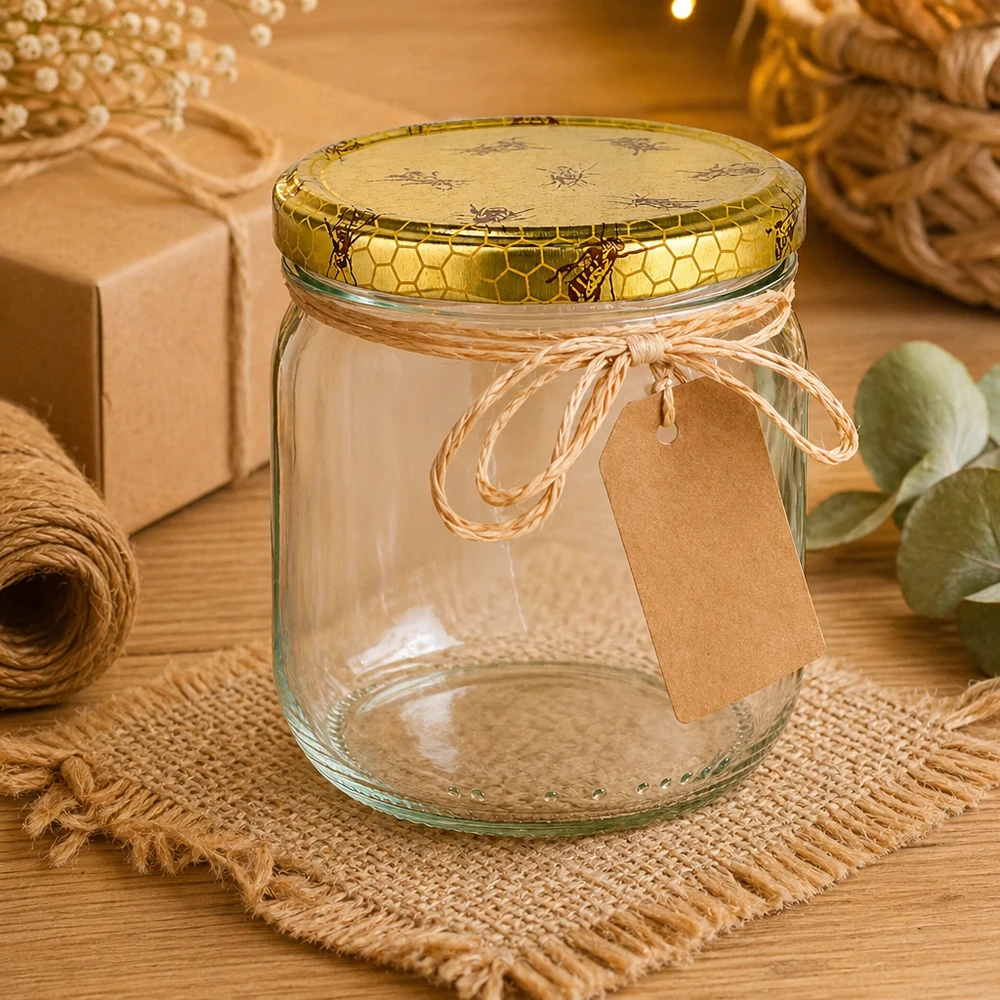 Pot à miel 500 g avec couvercle motif rayon de miel BasicSeal UNiTWIST Pot de miel de 500g avec couvercle en nid d'abeille et étiquette cadeau sur tapis de bricolage avec décorations naturelles