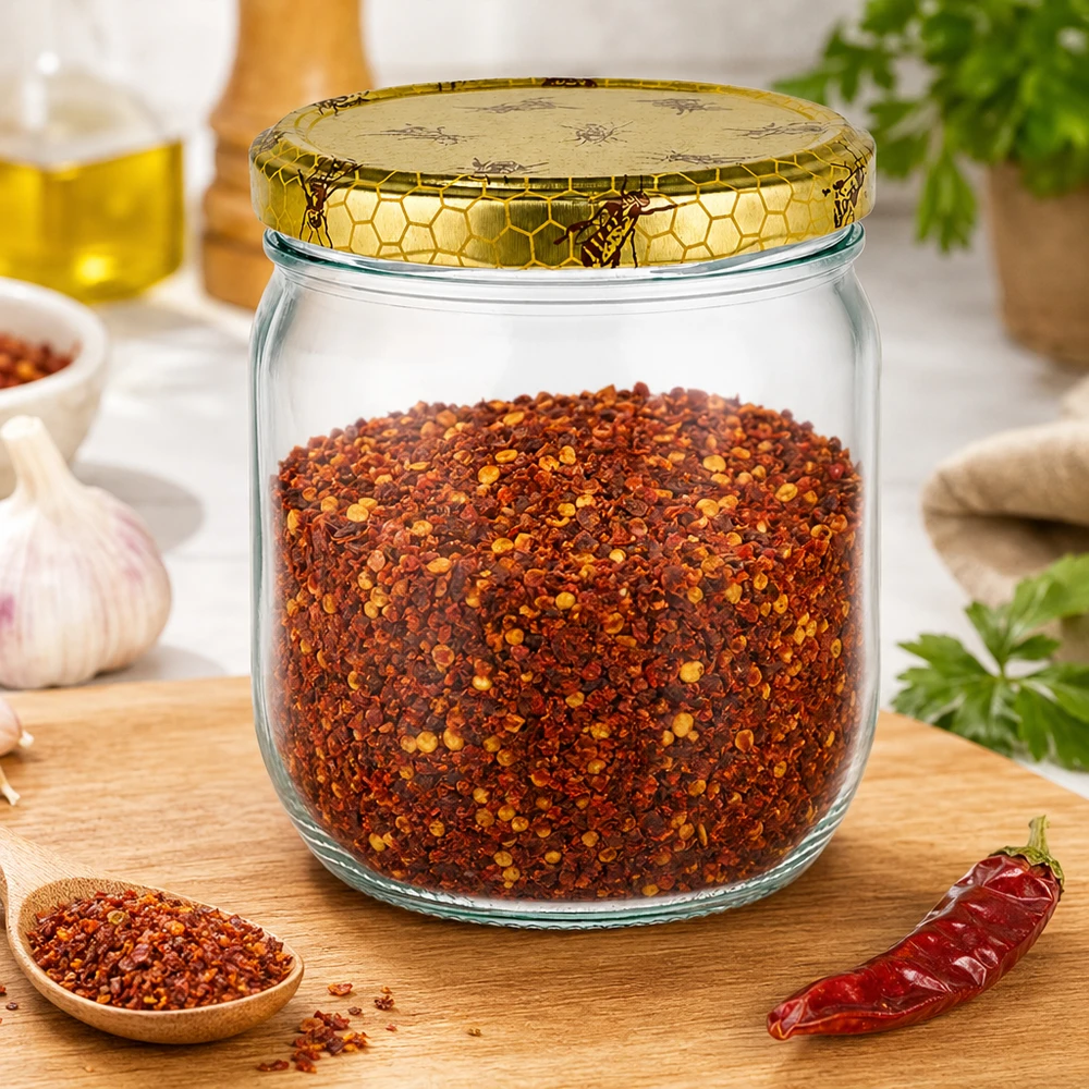 Pot à miel 500 g avec couvercle motif rayon de miel BasicSeal UNiTWIST Pot de miel de 500g avec couvercle en nid d'abeille rempli de mélange d'épices au chili sur une planche en bois dans la cuisine