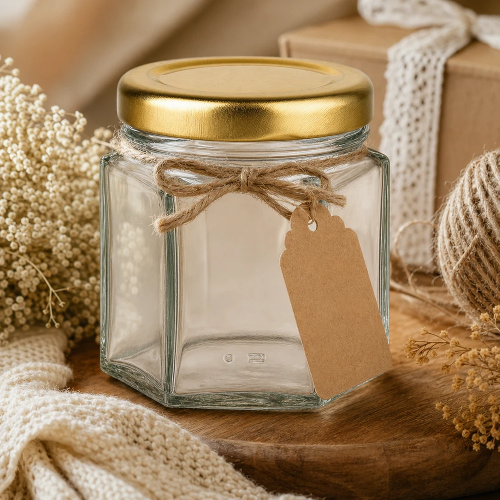 Pot à miel 60 g avec couvercle doré BasicSeal UNiTWIST Pot de miel hexagonal de 60g vide avec couvercle doré BasicSeal et étiquette en papier kraft décorée de manière rustique avec un ruban de jute