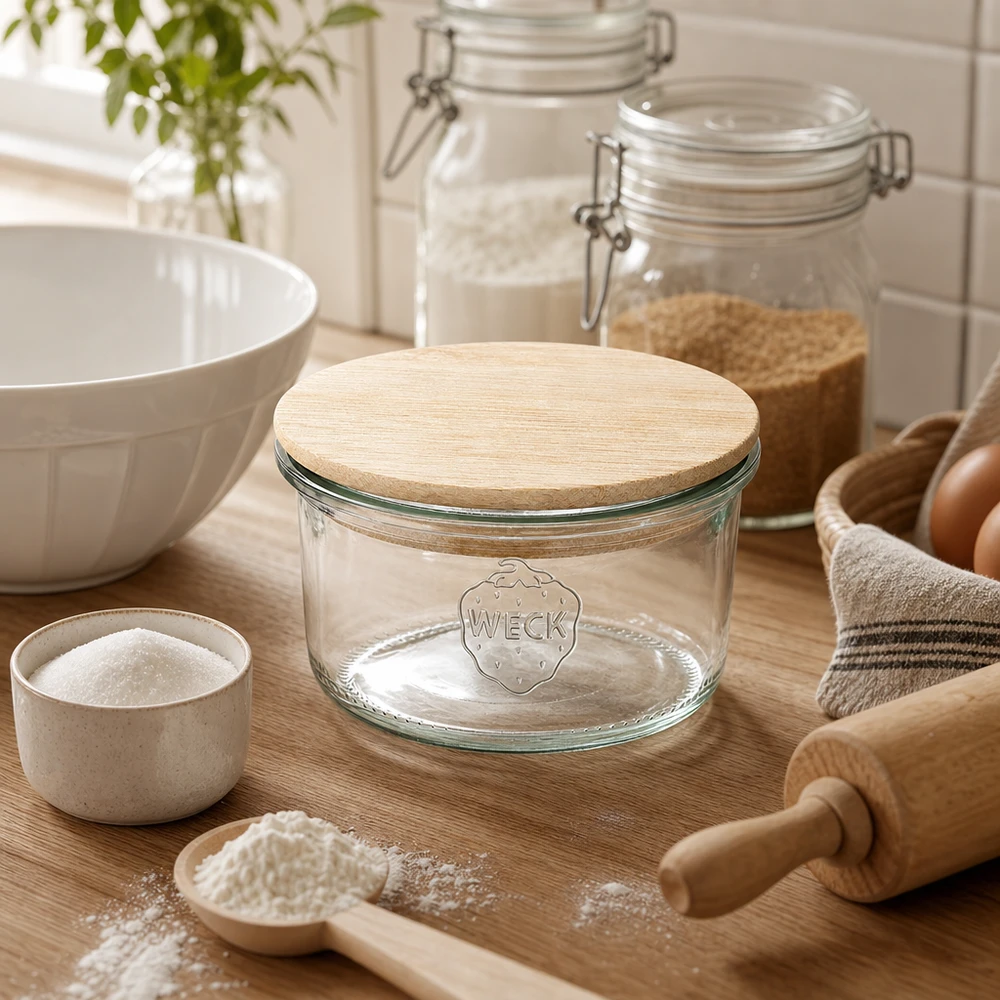 165ml bocal conique WECK RR80 avec couvercle en bois WECK Verre renversé RR80 165ml avec couvercle en bambou dans une scène de cuisine naturelle avec des ingrédients de pâtisserie et des ustensiles en bois