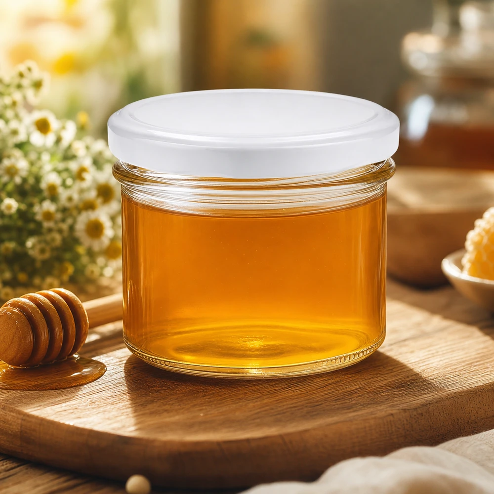 225ml Verre conique avec couvercle BasicSeal blanc UNiTWIST Pot de 225 ml avec couvercle BasicSeal rempli de miel sur une planche en bois, à côté d'une cuillère à miel et de fleurs.