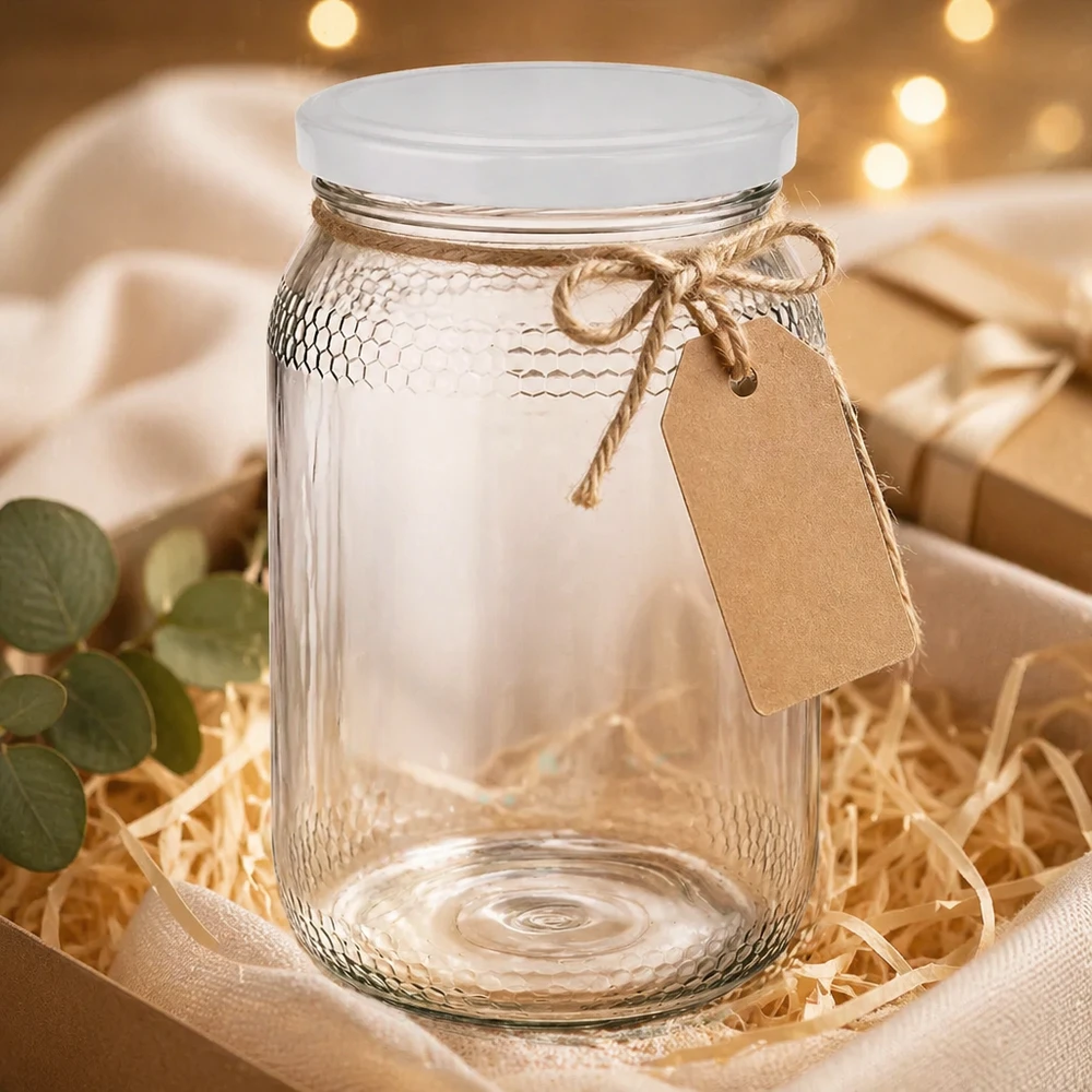 Pot à miel 1260 g avec couvercle blanc BasicSeal UNiTWIST Pot à miel vide de 900 ml avec couvercle blanc BasicSeal et étiquette cadeau dans un emballage cadeau rustique
