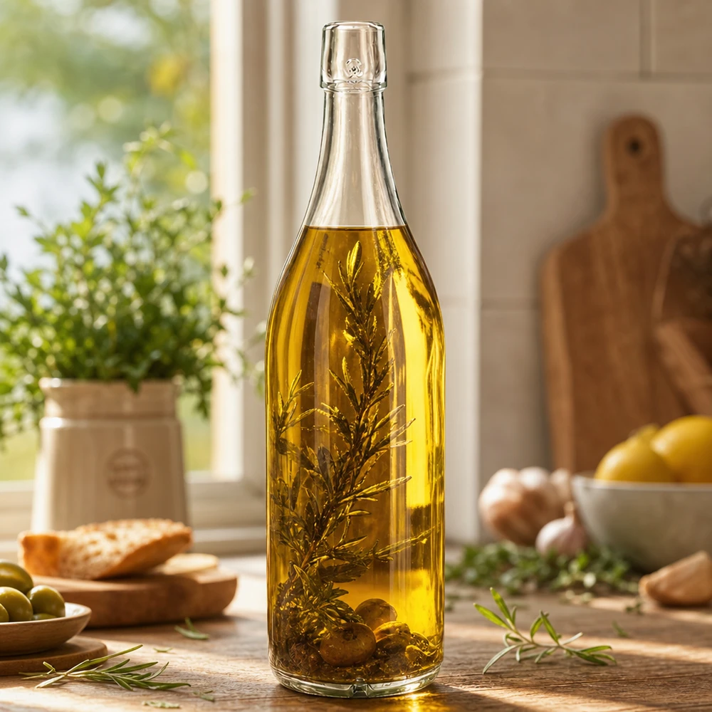 Bouteille en verre 1000ml UNiTWIST remplie d'huile d'olive aux herbes Scène de cuisine Exemple d'utilisation Bouchon à visser