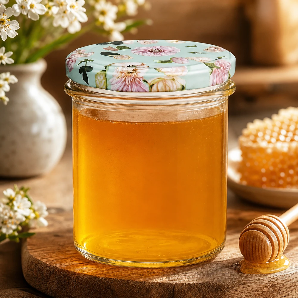 Verres de 350 ml + couvercle BasicSeal fleur de menthe UNiTWIST Pot renversé 350ml avec couvercle BasicSeal fleur menthe rempli de miel doré, cuillère à miel et alvéoles sur planche en bois