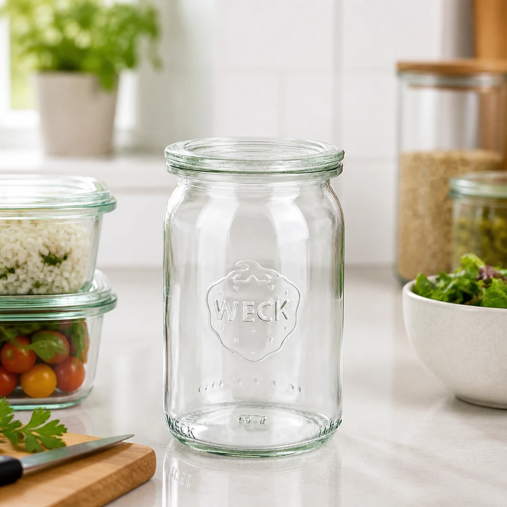 145ml bocal cylindrique avec bouchon en verre WECK RR40 WECK 145ml pot cylindrique RR40 vide sur le comptoir de la cuisine avec des bocaux à provisions et des herbes fraîches en arrière-plan