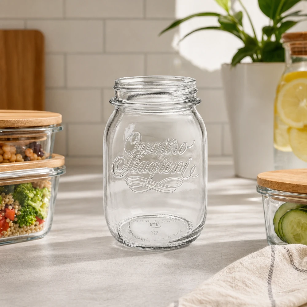 500ml Verre rond "Quattro Stagioni" QS70mm 500ml Quattro Stagioni Verre de ménage sans couvercle sur le plan de travail de la cuisine avec d'autres bocaux à provisions en arrière-plan