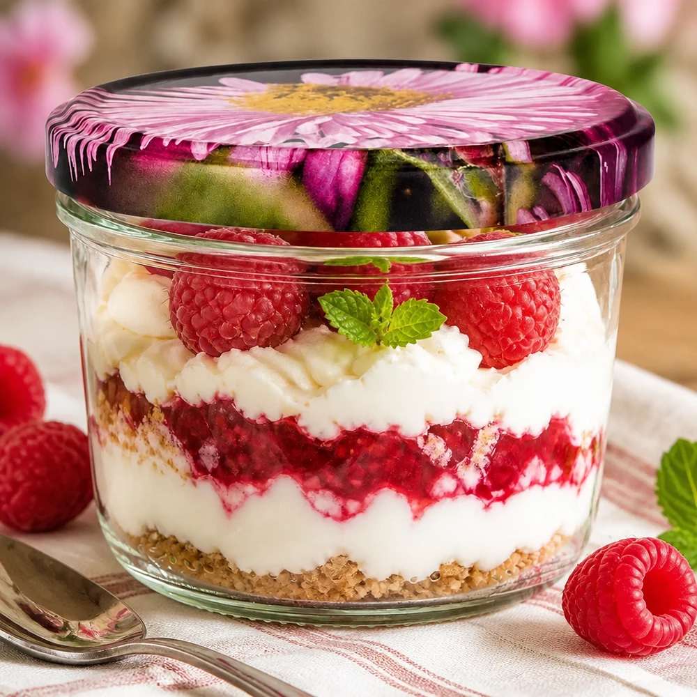 230ml Verre conique avec couvercle BasicSeal decor floral UNiTWIST Verre renversé 230ml BasicSeal Couvercle fleuri rempli de dessert à la framboise, dessert stratifié avec crème et baies fraîches
