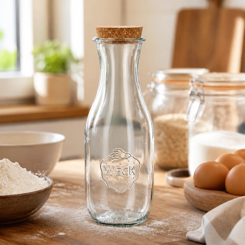 1062ml Bouteille à jus de fruits WECK RR60 avec bouchon nature WECK Bouteille en verre 1062ml RR60 avec bouchon sur plan de travail en bois entre les ingrédients de cuisson comme la farine et les œufs dans une cuisine claire