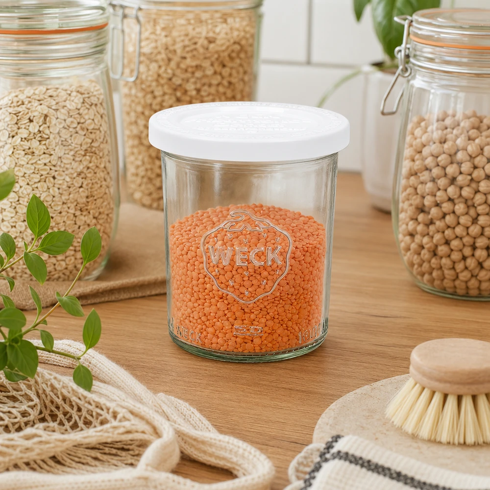 WECK 160ml pot renversé RR60 rempli de lentilles rouges dans une cuisine durable avec des bocaux à provisions et des ustensiles en bois