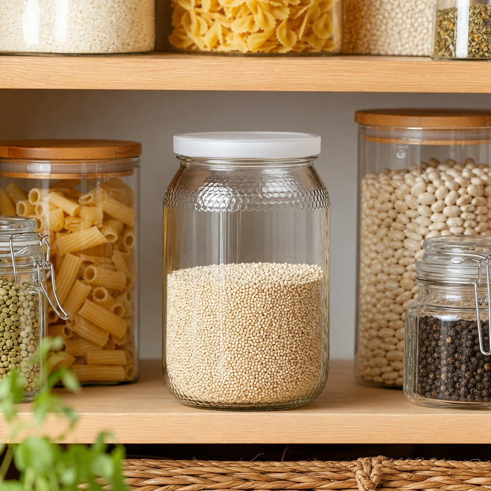 Pot à miel 1260 g avec couvercle blanc BasicSeal UNiTWIST Pot de miel 900ml avec quinoa en porcelaine de cuisine Rangement armoire à provisions BasicSeal couvercle blanc UNiTWIST