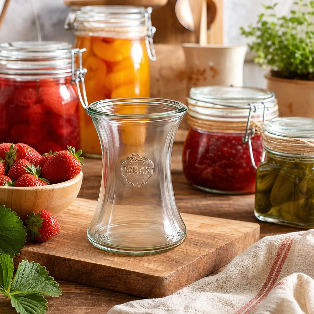 WECK RR80 Pot d'épicerie fine 370ml en setting de cuisine avec bocaux, fraises et planche en bois comme décoration