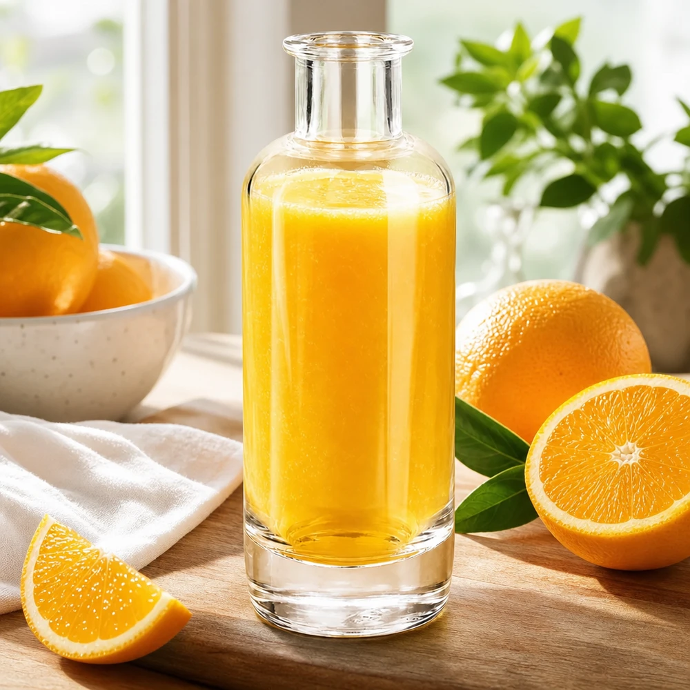 Bouteille en verre 200 ml « Ella » sans bouchon UNiTWIST® Bouteille en verre de 200 ml Ella remplie de jus d'orange entourée d'oranges fraîches montre des boissons naturelles aux fruits Application