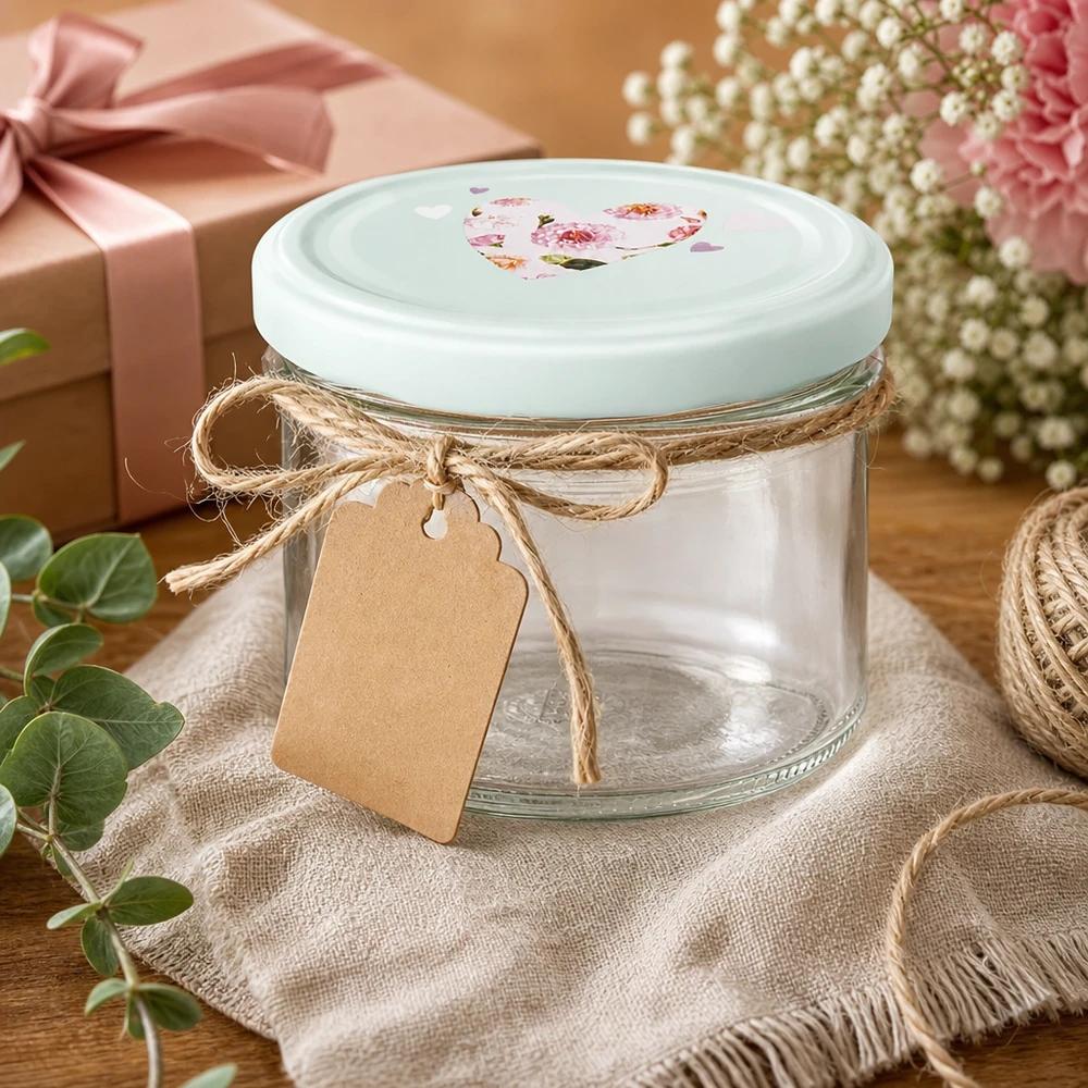 225ml verre renversé menthe BasicSeal couvercle en forme de coeur comme idée de cadeau décoré avec une corde de jute et un pendentif