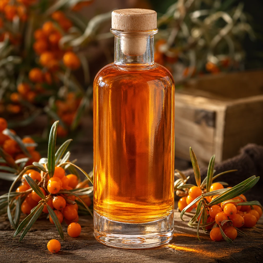 Bouteille en verre Ella de 200 ml avec bouchon en bois remplie d'huile d'argousier orange entre des branches d'argousier fraîches