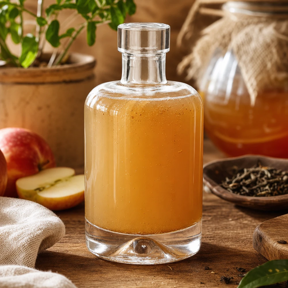 Bouteille en verre Amélie de 50 ml remplie de vinaigre de cidre à côté de tranches de pommes et d'épices montre l'utilisation pour le vinaigre et la vinaigrette