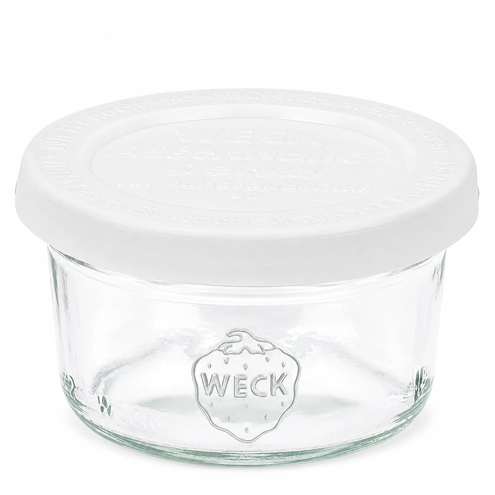 Pot de 50 ml WECK RR60 avec couvercle blanc en verre pour la mise en conserve et la conservation.
