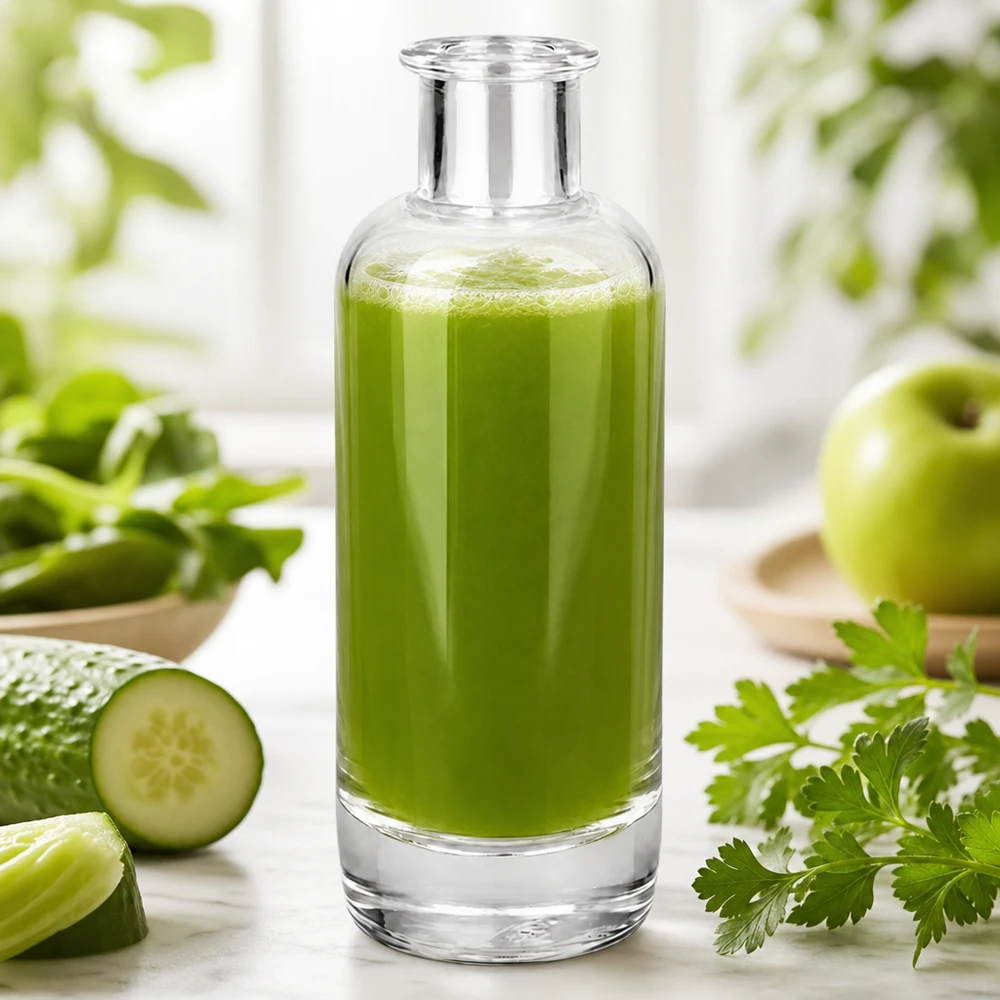 Bouteille de pharmacie Ella de 200 ml remplie de smoothie vert montre l'utilisation pour les boissons et les cosmétiques