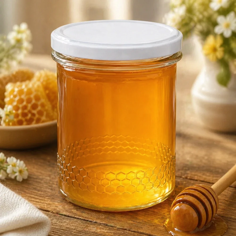 Pot à miel 560 g avec couvercle blanc BasicSeal UNiTWIST Pot de miel de 400 ml rempli de miel doré à côté de la cuillère à miel et du nid d'abeille Scène de cuisine naturelle en nid d'abeille