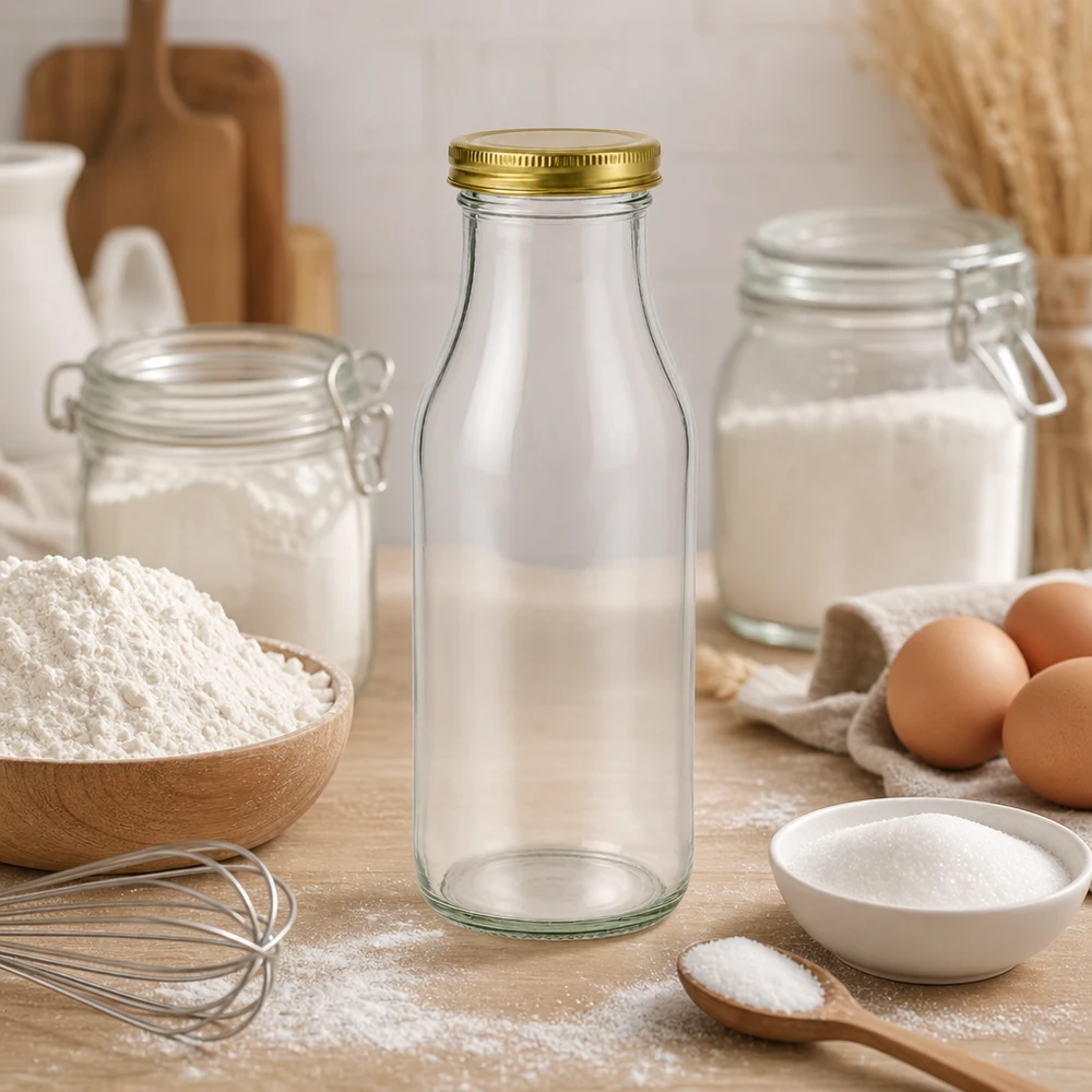 263ml Bouteille avec couvercle BioSeal or UNiTWIST UNiTWIST Bottle263 mit goldenem TO43 BioSeal Deckel als stylische Backzutat-Aufbewahrung zwischen Mehl und Eiern