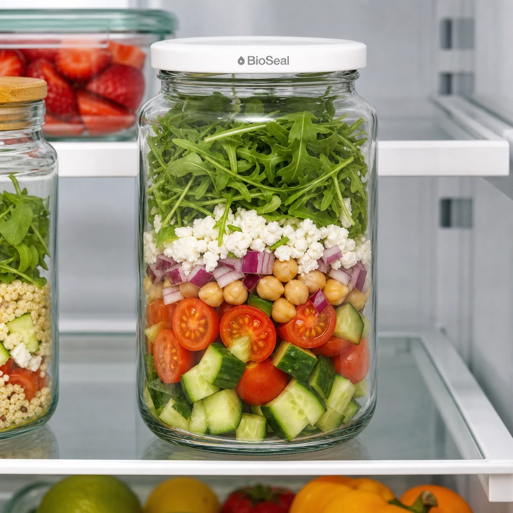 382ml Verre rond avec couvercle BioSeal blanc UNiTWIST UNiTWIST Runda382 Salade à couches dans le réfrigérateur - Bocal Meal Prep avec légumes frais et couvercle blanc BioSeal