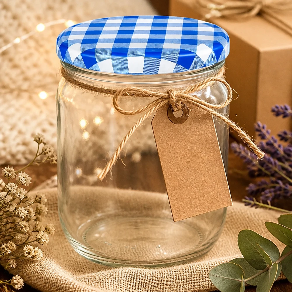 425ml verre rond décoratif avec guirlande lumineuse LED comme photophore Emballage cadeau avec cordon en raphia et couvercle BasicSeal