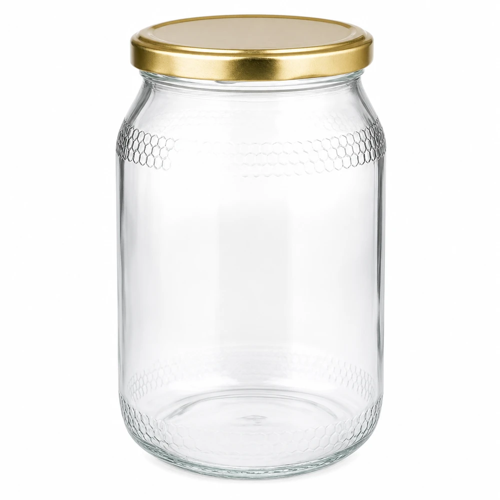 Pot à miel 1260 g avec couvercle doré BasicSeal UNiTWIST Pot à miel de 900ml avec couvercle doré BasicSeal UNiTWIST - pot en verre vide pour le miel avec gravure en nid d'abeille