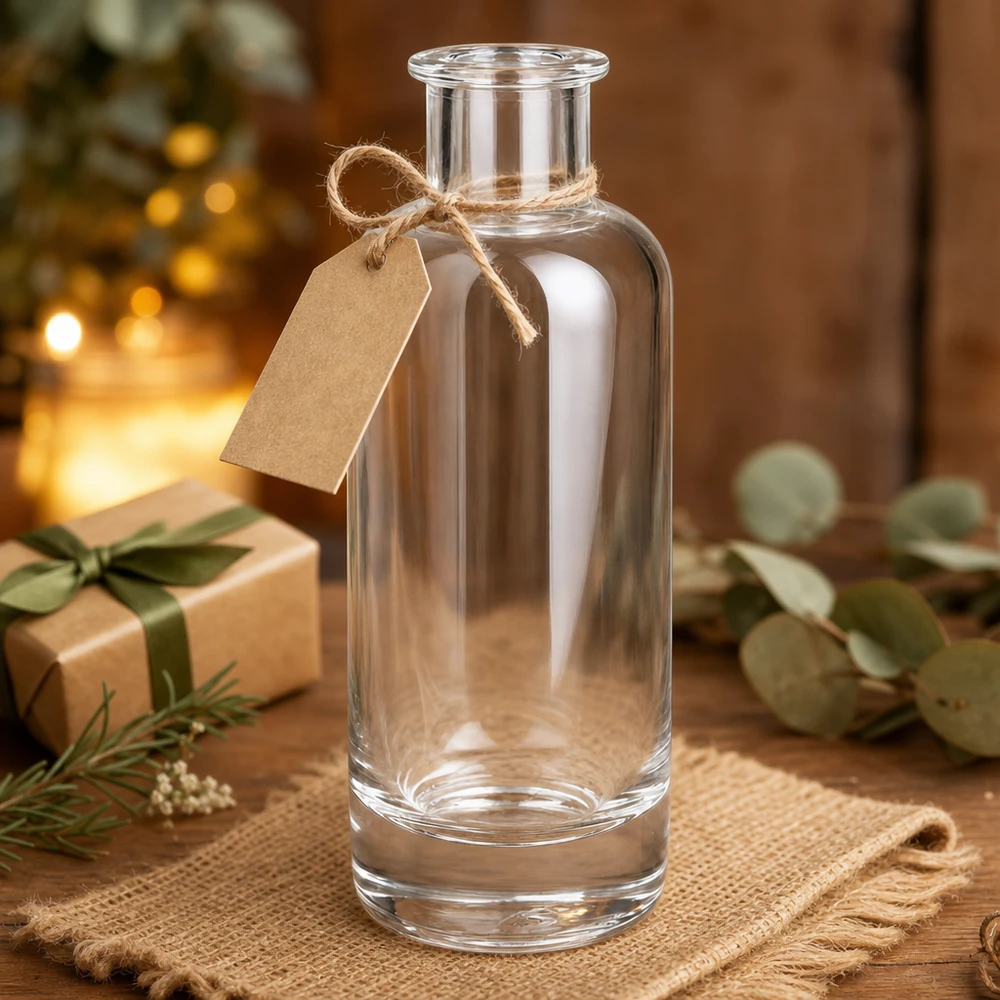 Bouteille en verre 200ml Ella vide avec étiquette cadeau et ruban de jute décorée sur bois comme cadeau de Noël