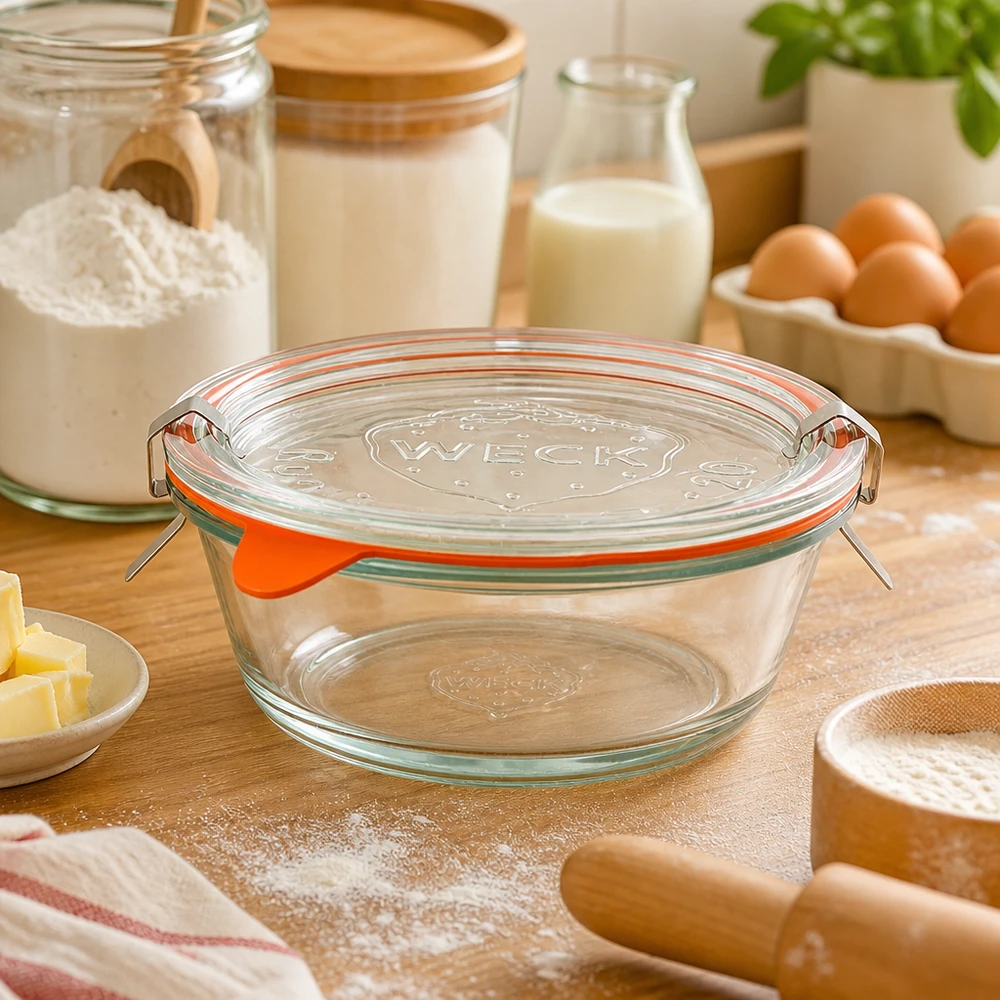 WECK Verre Gourmet 300ml RR120 dans Cuisine de pâtisserie avec ingrédients de cuisson, farine, œufs et lait, verre de cuisine polyvalent